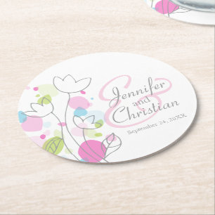 Modern confetti flower name date wedding coasters
