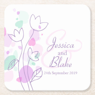 Modern confetti flower name date wedding coasters
