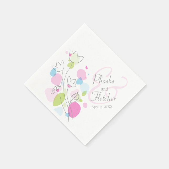 Modern confetti flower name date wedding napkins (Corner)