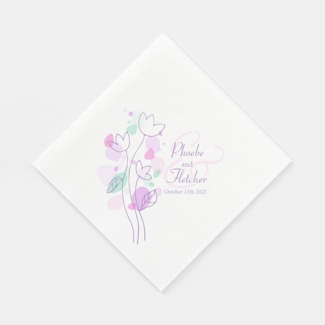 Modern confetti flower name date wedding napkins (Corner)