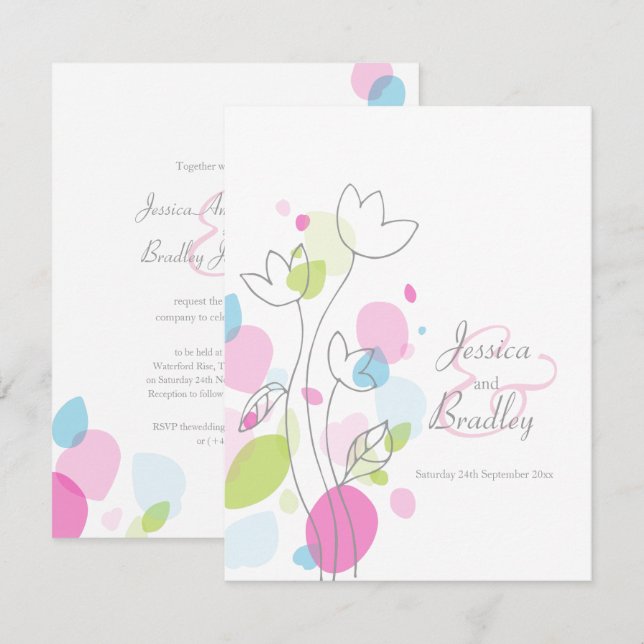 Modern confetti flower petals colourful wedding invitation (Front/Back)