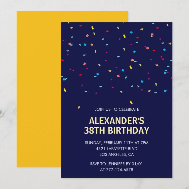 Modern Confetti Navy blue Men 38th birthday Invitation (Front/Back)