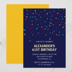 Modern Confetti Navy blue Men 61st birthday Invitation