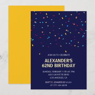 Modern Confetti Navy blue Men 62nd birthday Invitation