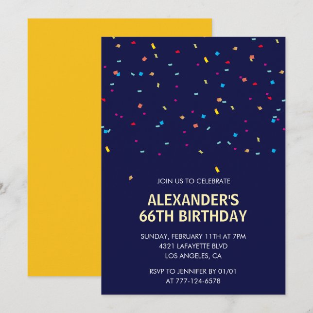 Modern Confetti Navy blue Men 66th birthday Invitation (Front/Back)