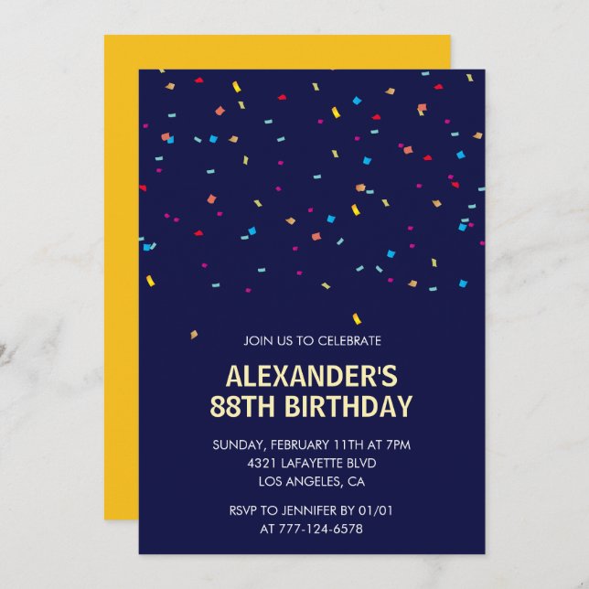 Modern Confetti Navy blue Men 88th birthday Invitation (Front/Back)