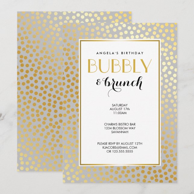 Modern Confetti Polka Dots Pattern Grey and Gold Invitation (Front/Back)