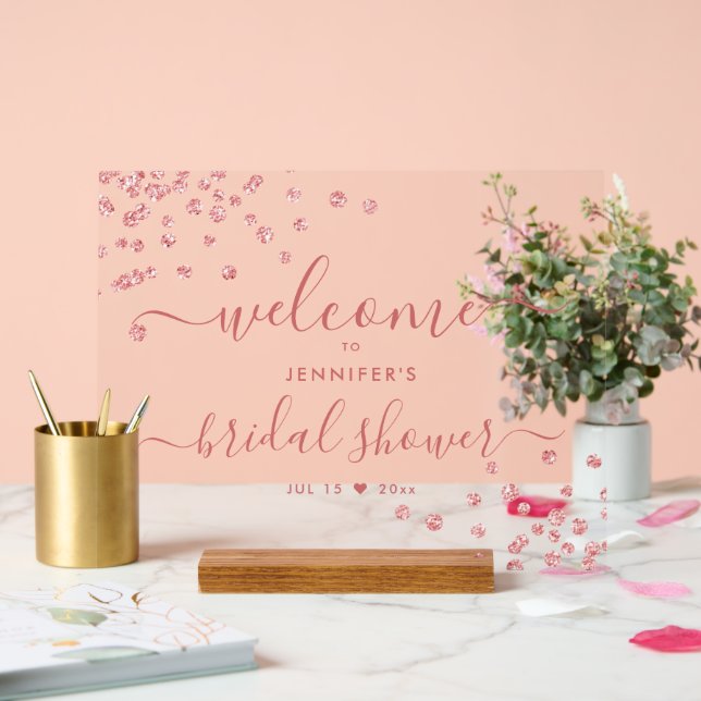 Modern Confetti Script Bridal Shower Welcome Blush Acrylic Sign (Wedding)