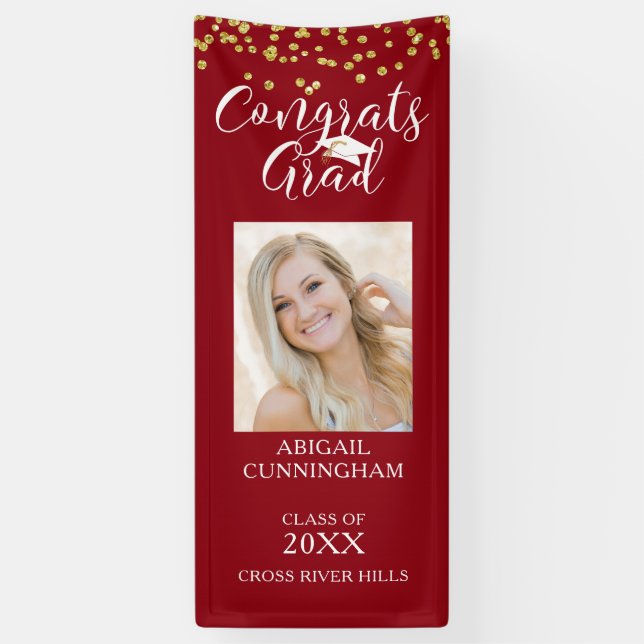 Modern Confetti Script CONGRATS GRAD Photo Red Banner (Vertical)