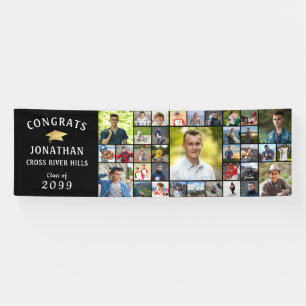 Modern CONGRATS GRAD 35 Photo Collage Black Banner