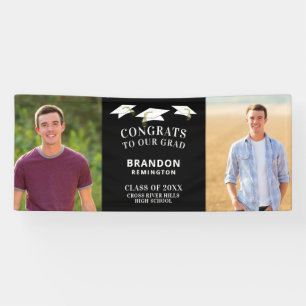 Modern CONGRATS GRAD Cap Two Photos Black Banner