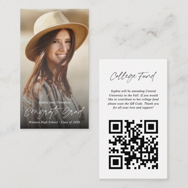 Modern Congrats Grad College Fund Photo QR Code Enclosure Card (Front/Back)