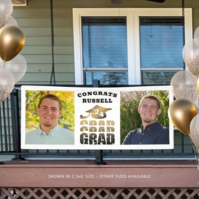 Modern Congrats Grad Name 2 Photos Black Gold Banner (Creator Uploaded)
