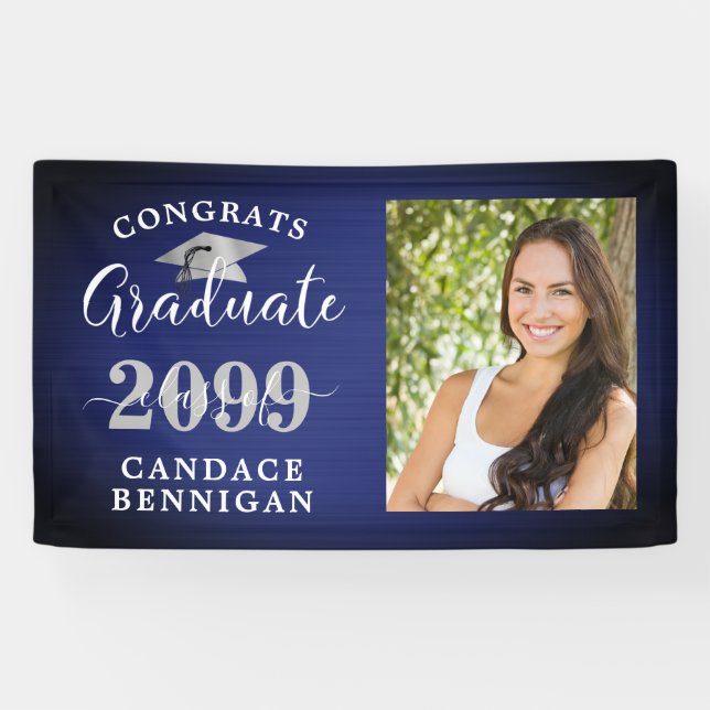 Modern Congrats Grad Photo Navy Blue Silver Banner (Horizontal)