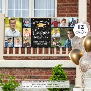 Modern Congrats Graduate 12 Photo Collage Black Banner