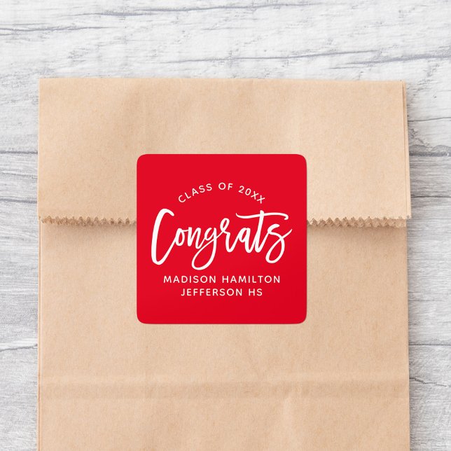 Modern Congrats Script Red Graduation Square Sticker (Creator Uploaded)
