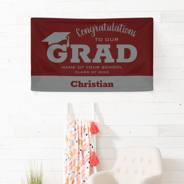 Modern Congratulations Grad Dark Maroon and Grey Banner (Insitu)