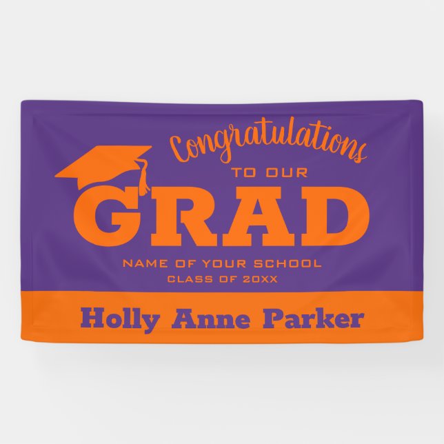 Modern Congratulations Grad Orange on Purple Banner (Horizontal)