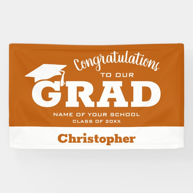 Modern Congratulations Grad White on Burnt Orange Banner (Horizontal)