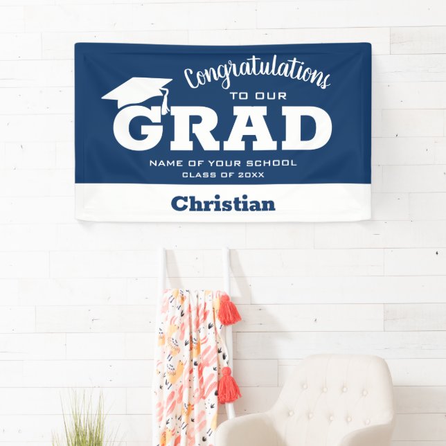 Modern Congratulations Grad White on Navy Blue Banner (Insitu)