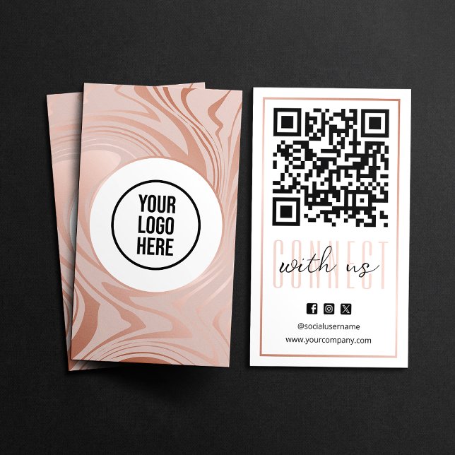 Modern Connect With Us QR Code Rose Gold White Business Card (Creator Uploaded)