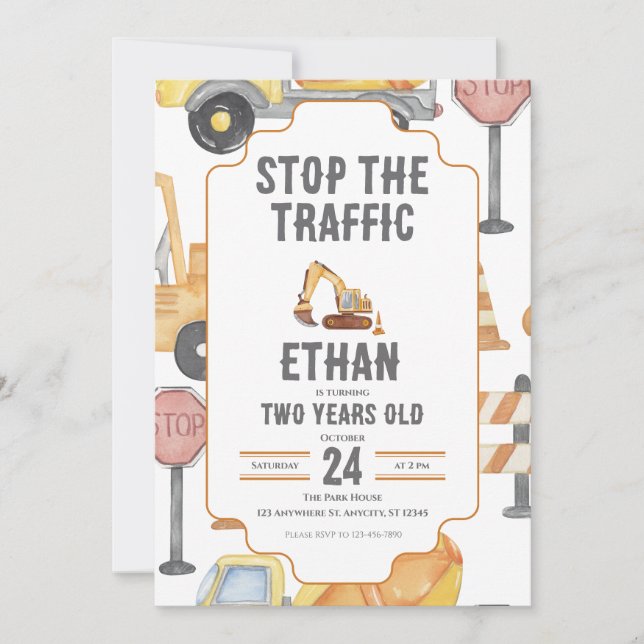 Modern Construction Birthday Invite Child Toddler  (Front)