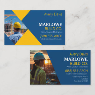 Modern Construction Company Photo Blue & Yellow Business Card