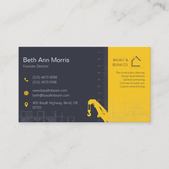 Modern Construction Contractor Navy Yellow Business Card (Front)