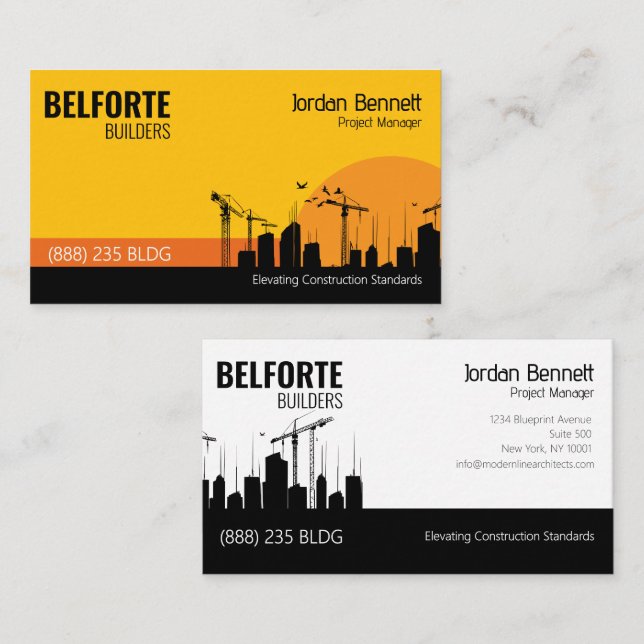 Modern Construction Crane Silhouette Yellow Black Business Card (Front/Back)