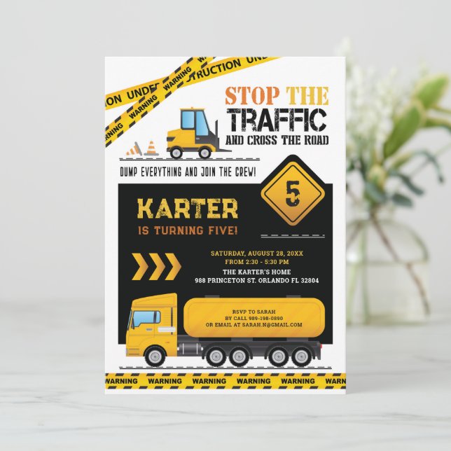 Modern Construction Dump Truck Birthday Party Invitation (Standing Front)
