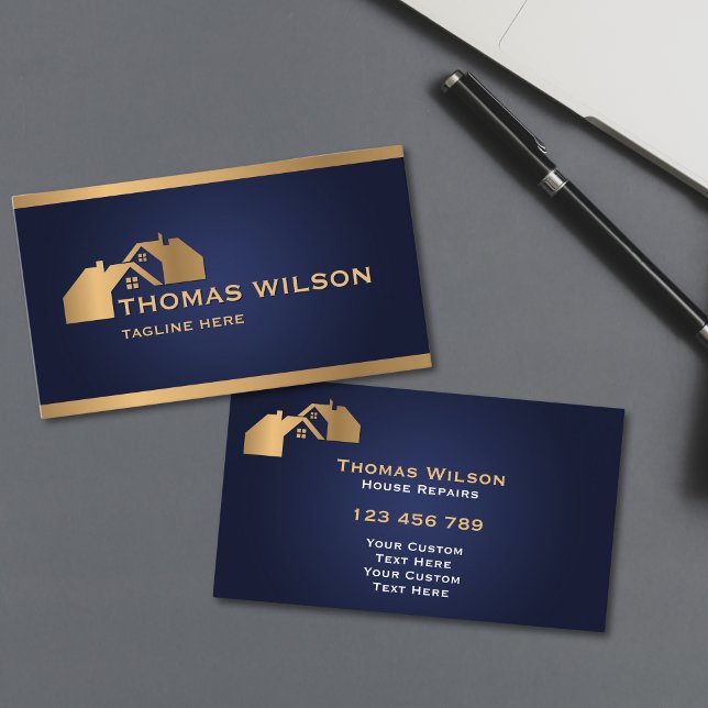Modern Construction Handyman Carpenter Roof Gold Business Card (modern carpenter handyman business cards with navy blue background and gold rooftops)