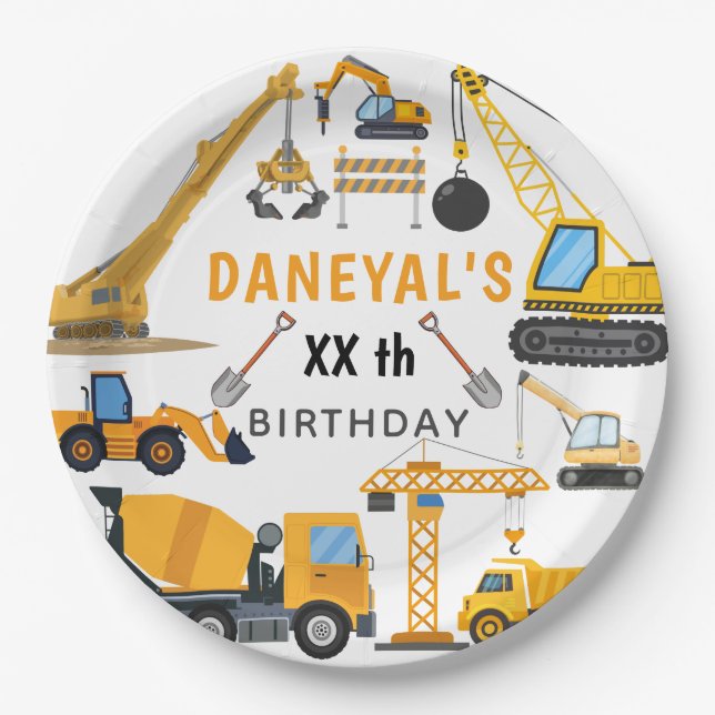 Modern Construction Simple Kid's Birthday Paper Plate (Front)