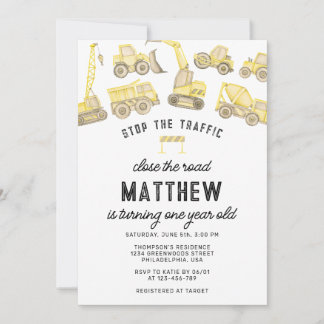 Modern Construction Truck First Birthday Invitation