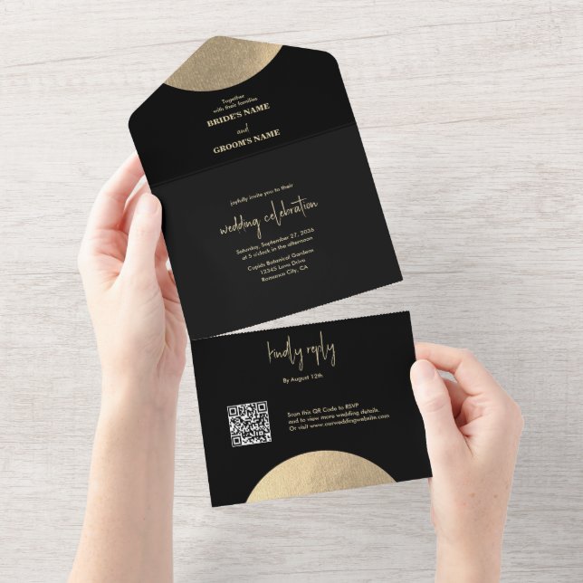 Modern Contemporary Black & Gold Abstract Wedding All In One Invitation (Tearaway)