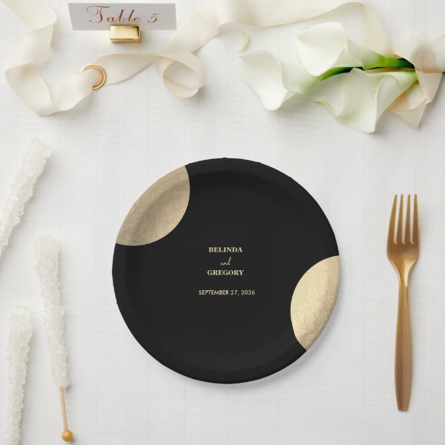 Modern Contemporary Black & Gold Abstract Wedding Paper Plate (Wedding)
