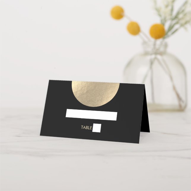 Modern Contemporary Black & Gold Abstract Wedding Place Card (Front)