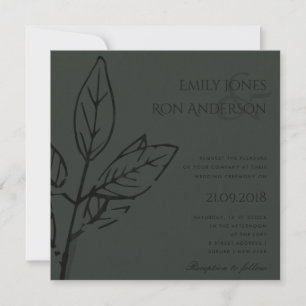 MODERN CONTEMPORARY  BLACK ON BLACK LEAVES WEDDING INVITATION