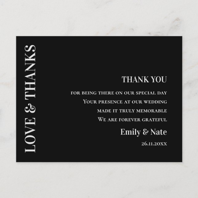 Modern Contemporary Black White Wedding Thank You Postcard (Front)