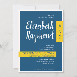 Modern contemporary blue & yellow minimal wedding invitation