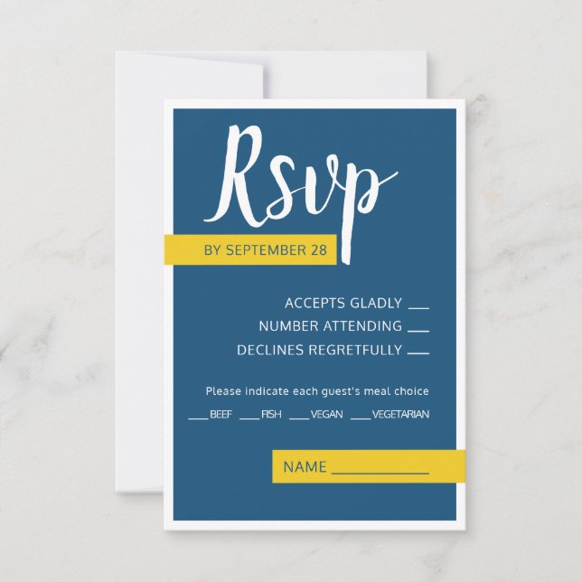 Modern Contemporary blue & yellow wedding minimal  RSVP Card (Front)
