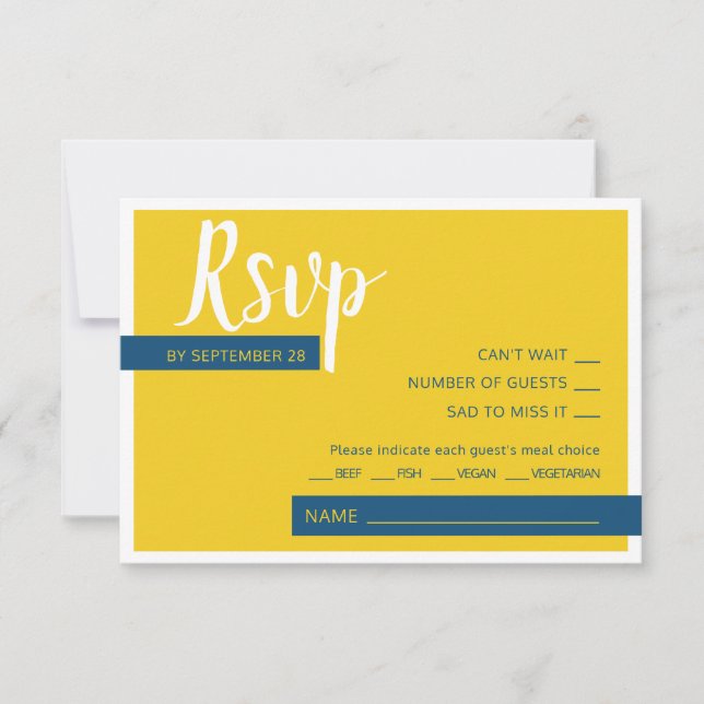 Modern Contemporary blue & yellow wedding minimal RSVP Card (Front)