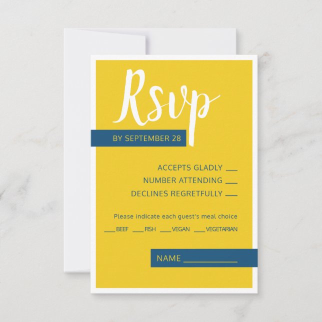 Modern Contemporary blue & yellow wedding minimal RSVP Card (Front)