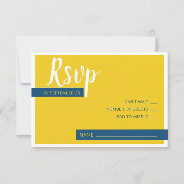 Modern Contemporary blue & yellow wedding minimal  RSVP Card (Front)