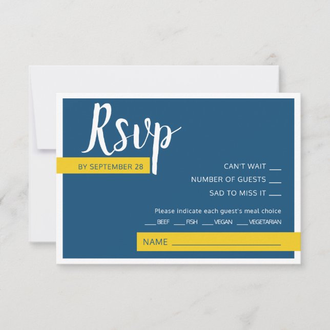 Modern Contemporary blue & yellow wedding minimal  RSVP Card (Front)