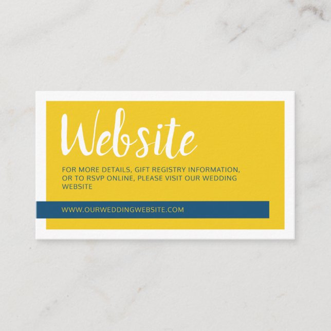 Modern contemporary blue & yellow wedding website enclosure card (Front)