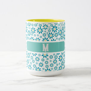 Modern Contemporary Daisy Flower Initial Two-Tone Coffee Mug