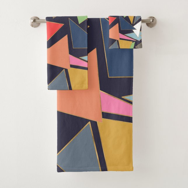 Modern Contemporary Gold Strokes Colourful Triangl Bath Towel Set (Insitu)