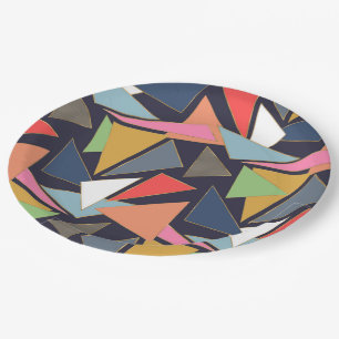 Modern Contemporary Gold Strokes Colourful Triangl Paper Plate