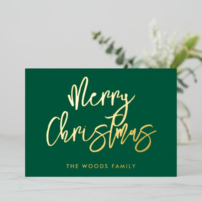 Modern Contemporary Green Merry Christmas Foil Holiday Card (Standing Front)