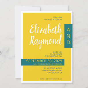 Modern contemporary green & yellow minimal wedding invitation